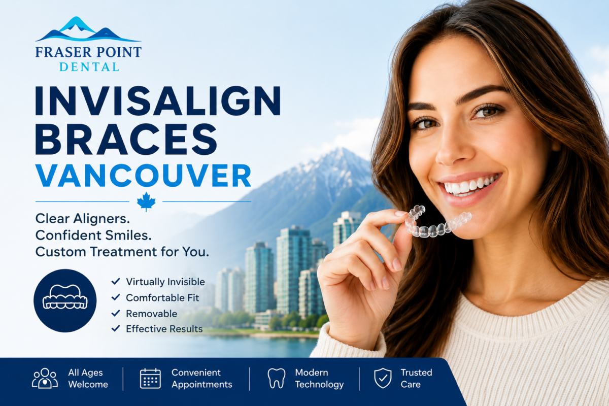 Promotional banner for Fraser Point Dental featuring Invisalign braces in Vancouver.