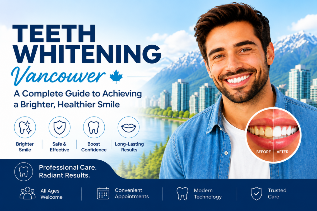 Teeth whitening in Vancouver featuring a smiling man with before-and-after teeth whitening results, highlighting professional dental care, a brighter smile, and modern dental technology.
