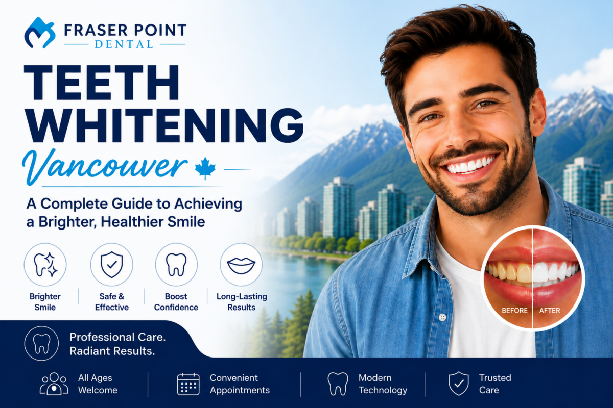 Smiling patient showcasing professional teeth whitening results in Vancouver with before and after comparison at Fraser Point Dental.