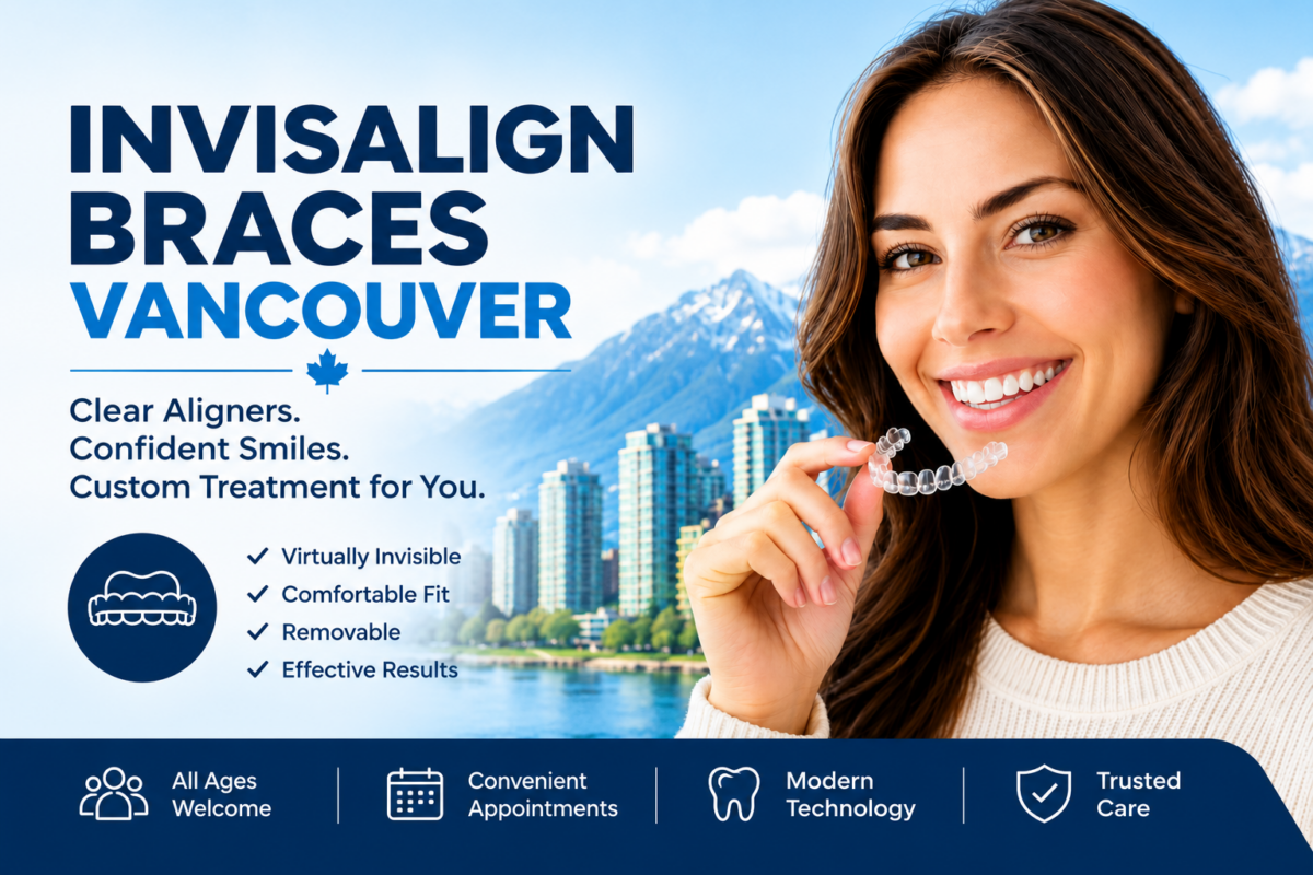 Woman holding a clear dental aligner while smiling, promoting Invisalign braces in Vancouver with a focus on comfortable, removable aligners and modern orthodontic treatment.