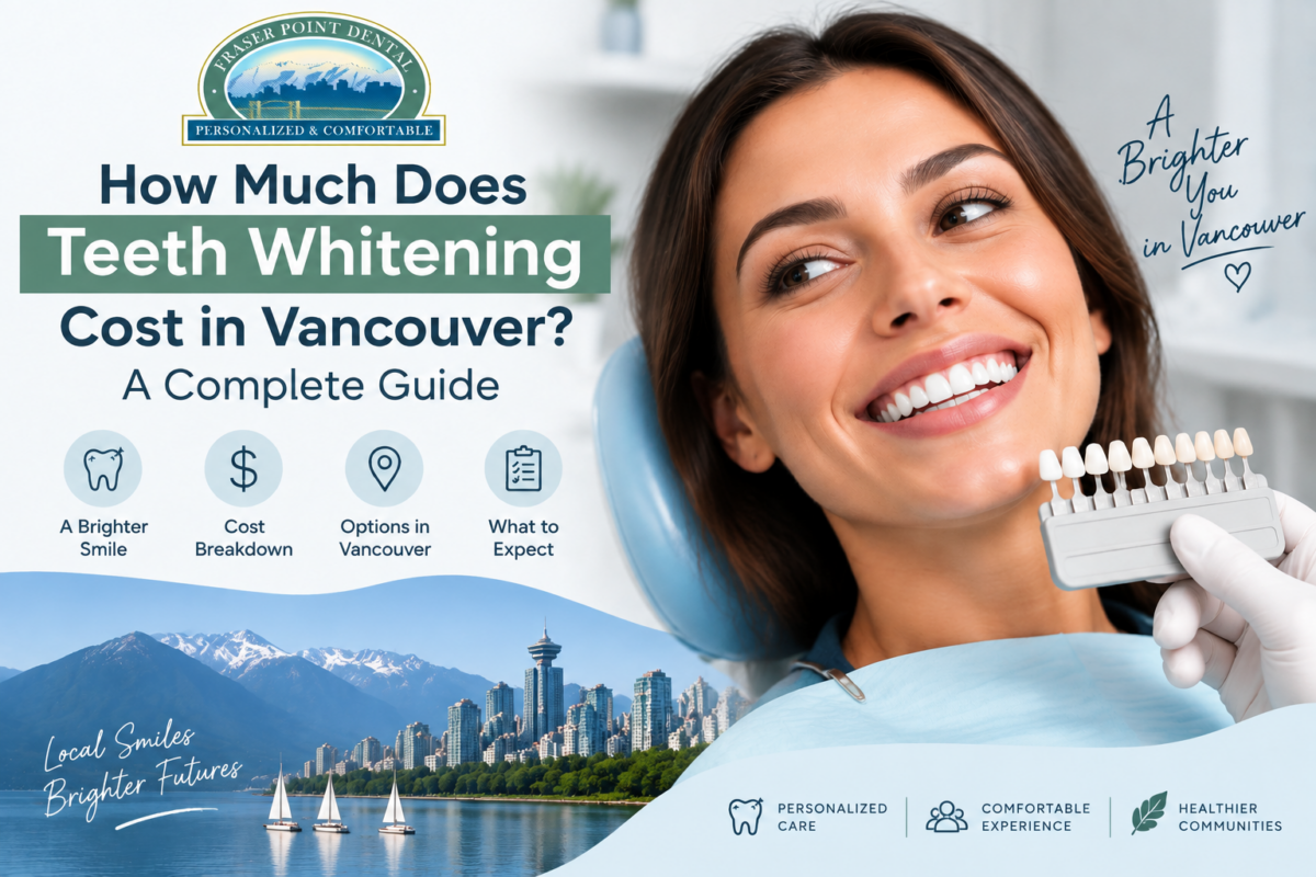 Teeth whitening cost in Vancouver guide featuring Fraser Point Dental patient smile consultation with tooth shade comparison