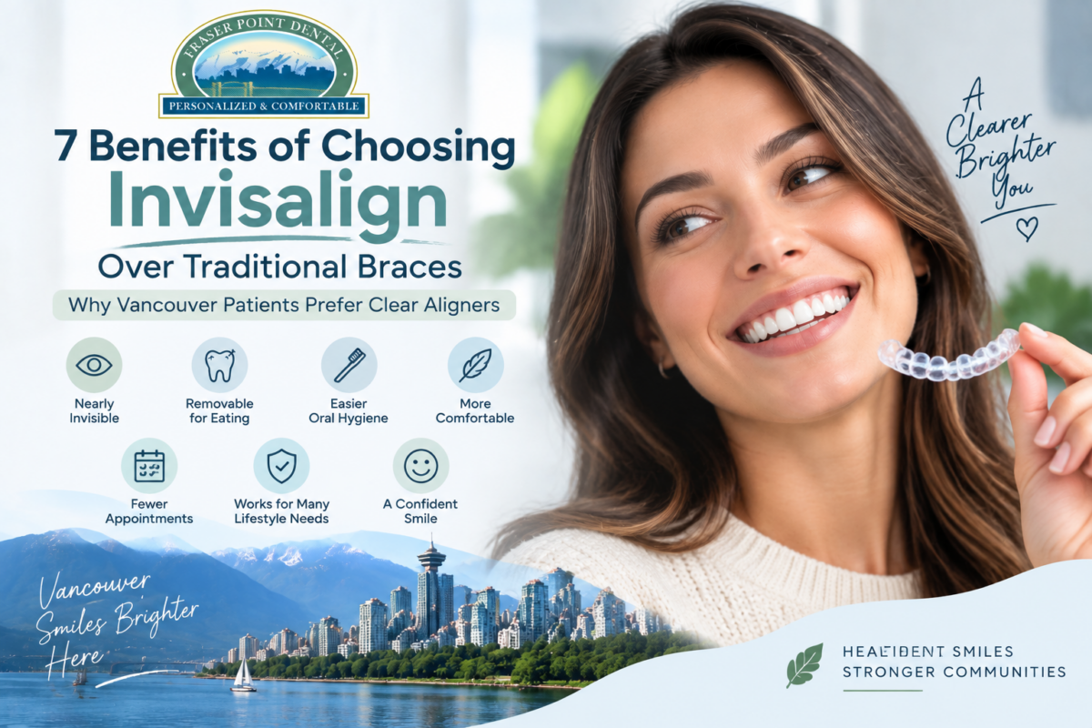 7 benefits of Invisalign over traditional braces in Vancouver featuring clear aligners consultation at Fraser Point Dental