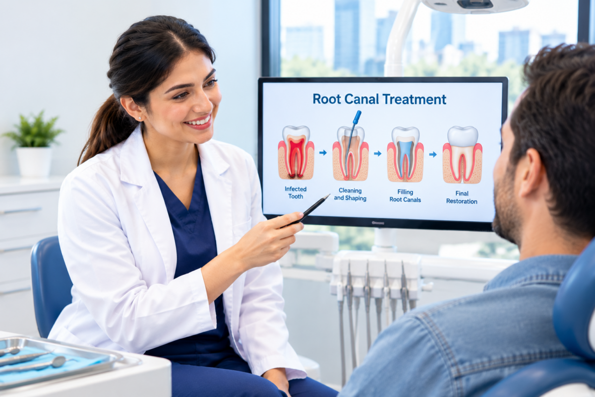 Dentist explaining root canal treatment to a patient at a Vancouver dental clinic.