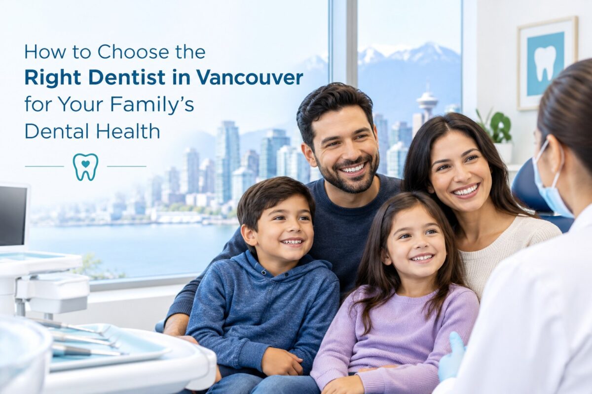 Family consulting a dentist in a modern Vancouver dental clinic about choosing the right dentist for their family’s dental health.